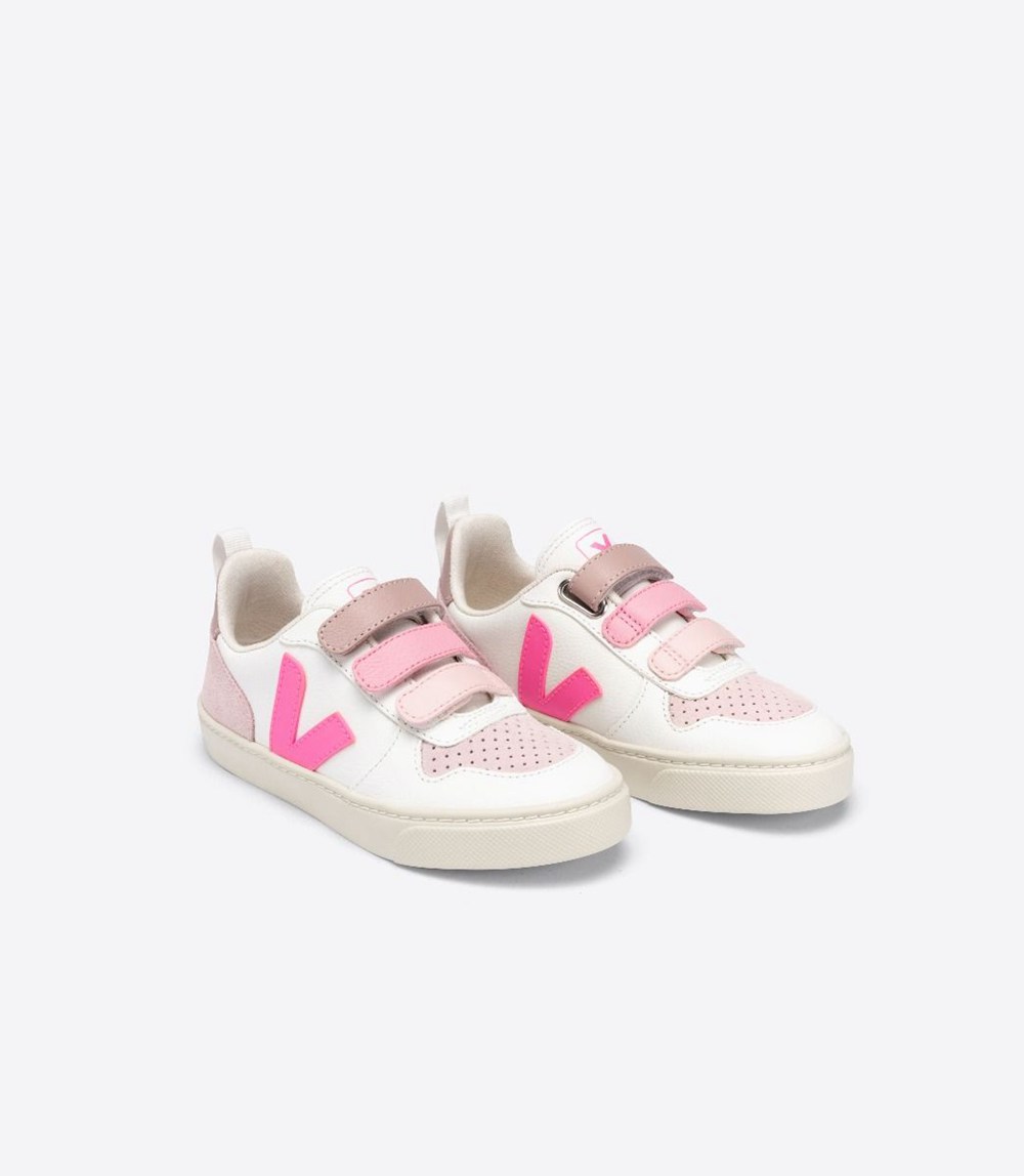 Tenis Veja Niños - V-10 Velcro Chromefree - Blancos/Rosas - 093CQILFA